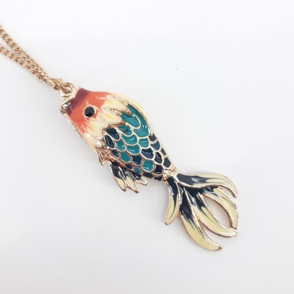 Blue Fish Enamel Rhinestone Long Gold Tone Chain Necklace Color Multi colored - Picture 6 of 14